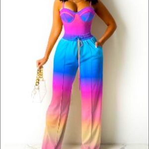 Super cute 2 piece spaghetti strapped/wide legged multi-colored set
